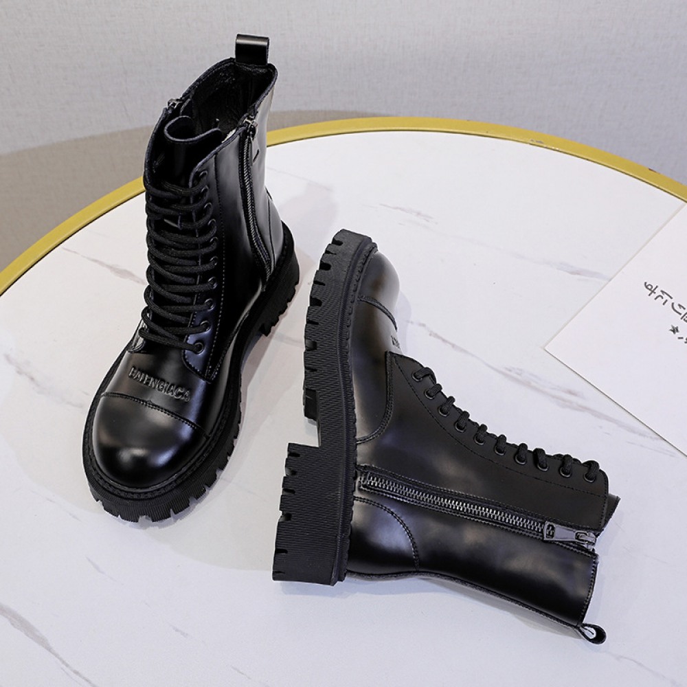 Women's Autumn New Thick-Soled Leather Boots Round Toe Thin Mid-Tube Martin Boots