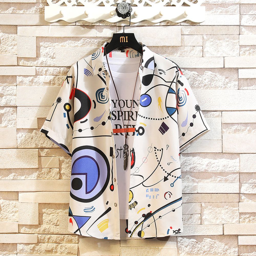 Men's Fashion Color Matching Printed Short-Sleeved Shirt