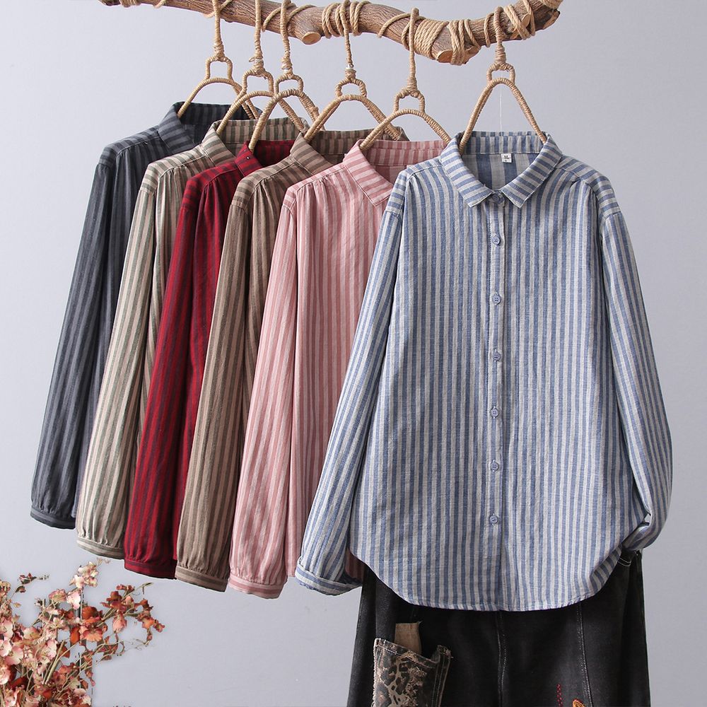 Women's Literary Casual Lapel Striped Double-Layer Cotton Gauze Long Sleeve Shirt